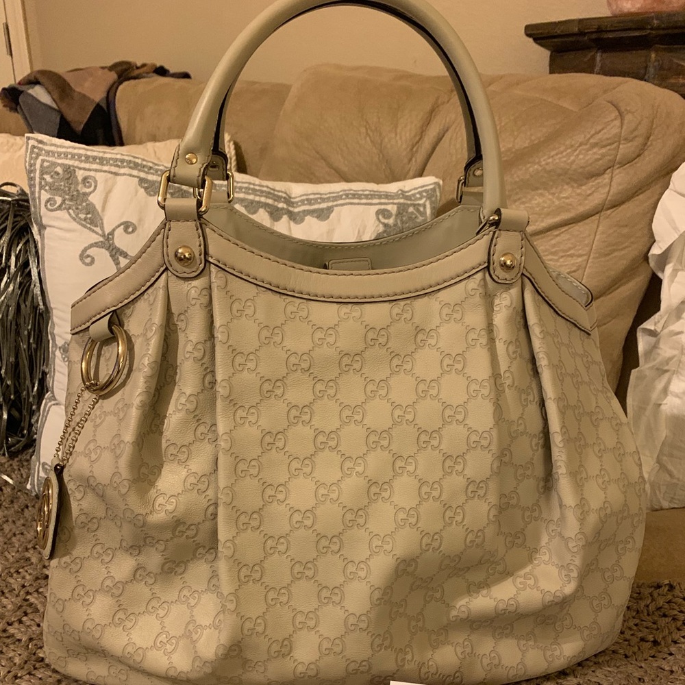 Gucci Beige Monogram Top-Handle Shoulder Bag with Gold Accents